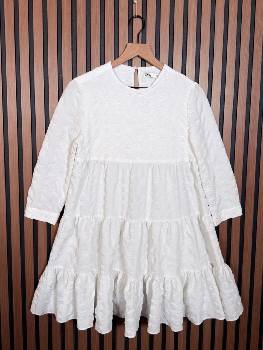 Zara Mini Dress XS Womens White Tiered Textured Tunic Popover
